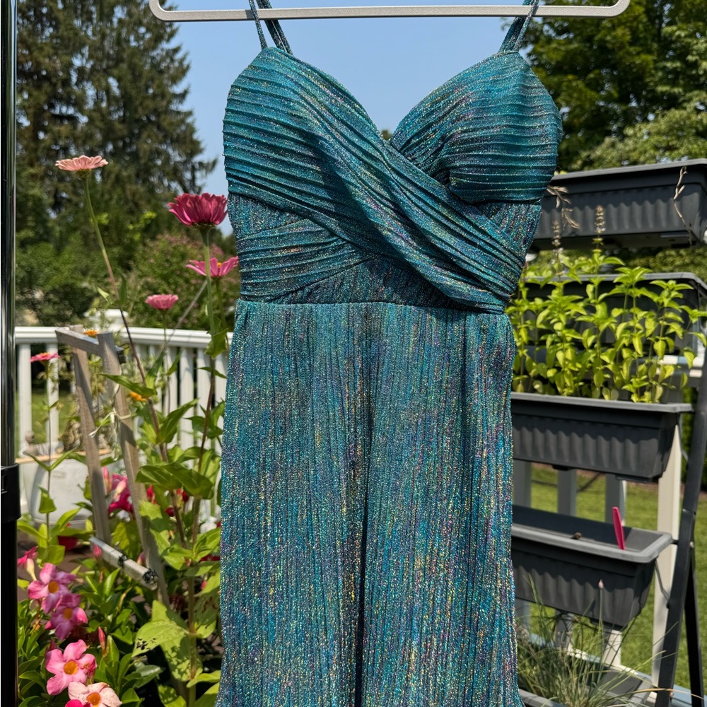 Shimmering Teal Pleated Dress